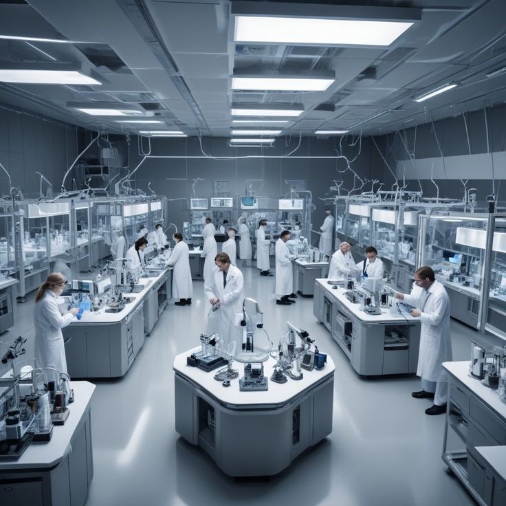 Modern research laboratory with scientists at work
